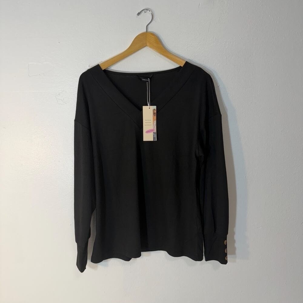 Dokotoo Womens Black V Neck Long Sleeve Blouse XL Stretch Casual Top NWT